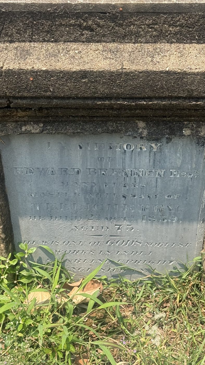 Edward Brennen tomb inscription founder of Brennen College Thalassery