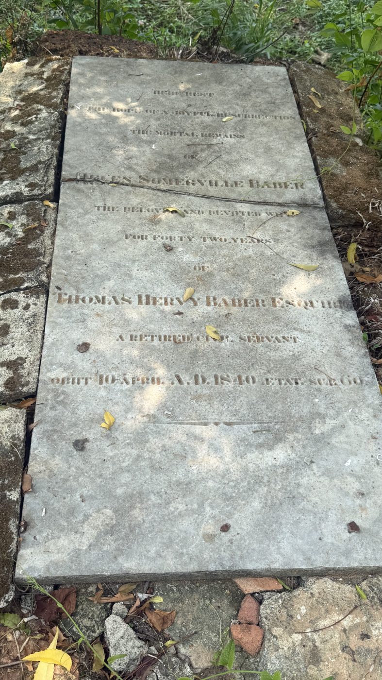 Inscription on Helen Somerville Baber tomb wife of Thomas Hervey Baber